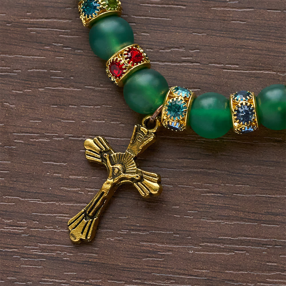 Pulsera de Cruz de Ágata Verde Esmerilada y Cristal Blanco: Fe Suave con Textura Luminosa