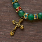 Pulsera de Cruz de Ágata Verde Esmerilada y Cristal Blanco: Fe Suave con Textura Luminosa