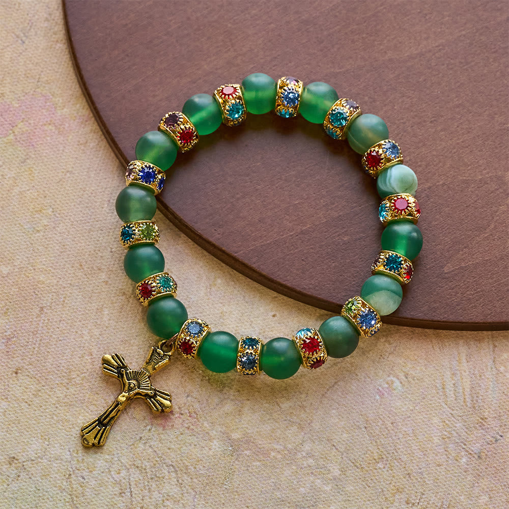 Pulsera de Cruz de Ágata Verde Esmerilada y Cristal Blanco: Fe Suave con Textura Luminosa