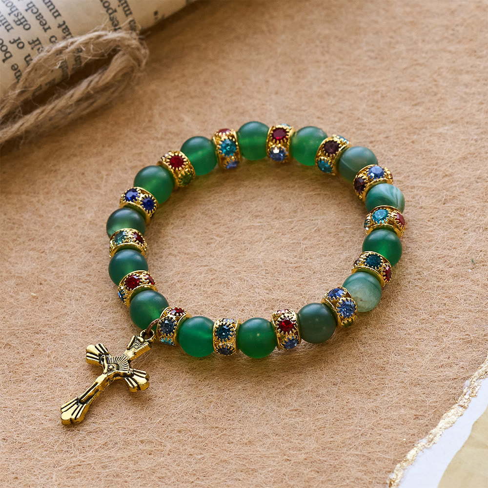 Pulsera de Cruz de Ágata Verde Esmerilada y Cristal Blanco: Fe Suave con Textura Luminosa