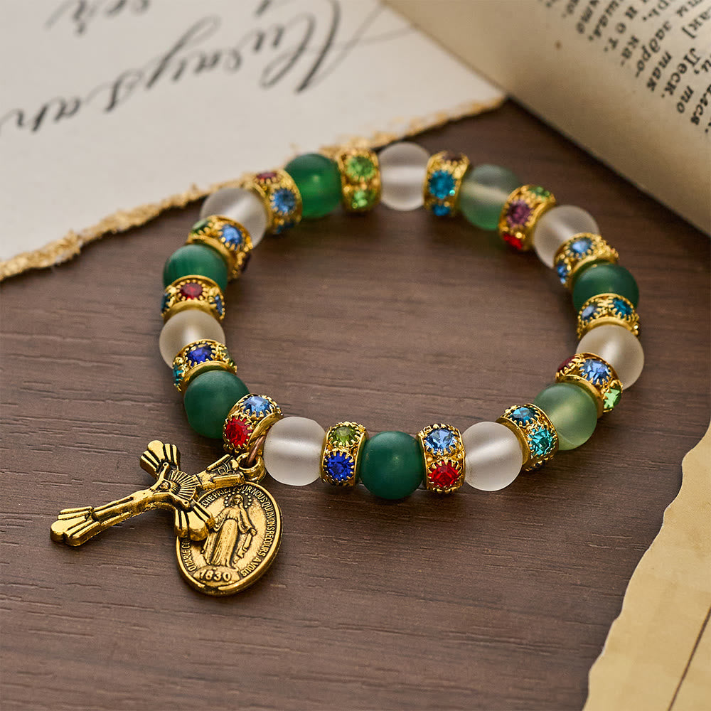 Pulsera de Ágata Esmerilada Suave con Crucifijo y la Virgen: Recuerda Su Tierno Amor