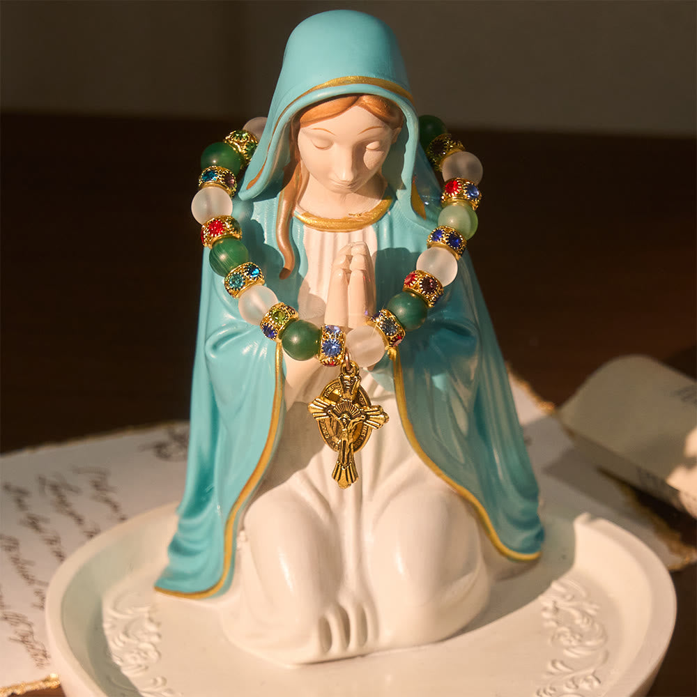 Pulsera de Ágata Esmerilada Suave con Crucifijo y la Virgen: Recuerda Su Tierno Amor