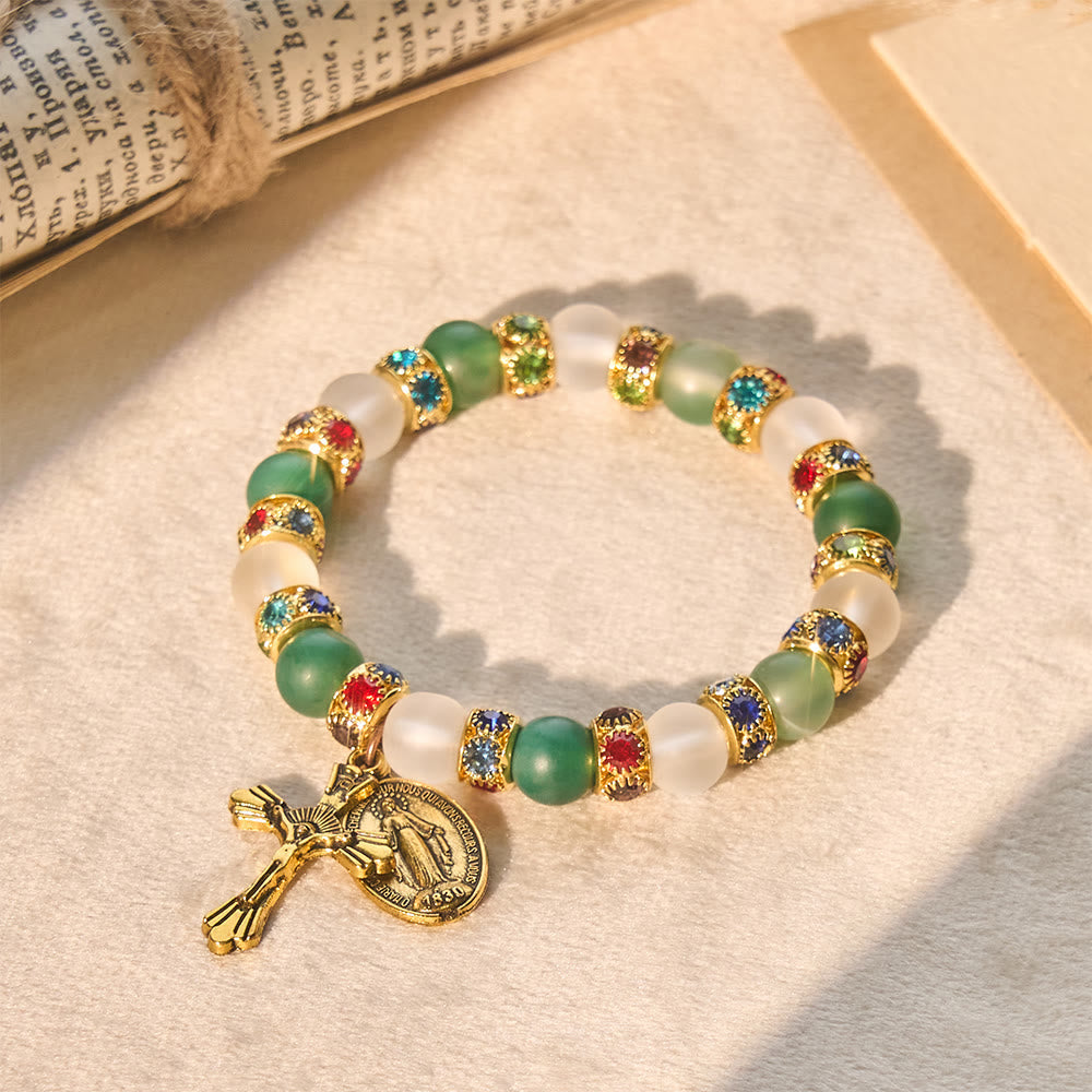 Pulsera de Ágata Esmerilada Suave con Crucifijo y la Virgen: Recuerda Su Tierno Amor
