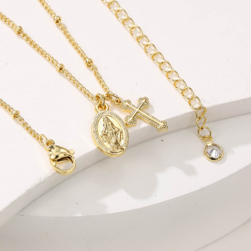 Collar Dorado con Doble Dije de Cruz y la Virgen: Encarna Su Gracia y Cuidado Maternal