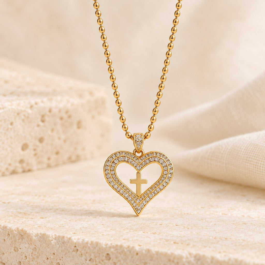Golden Heart & Cross Sparkle Pendant Necklace