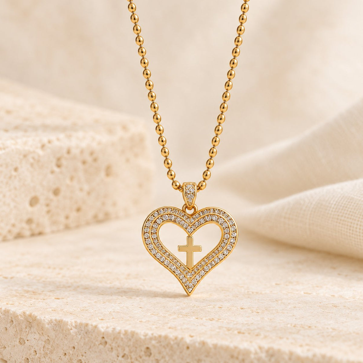 Golden Heart & Cross Sparkle Pendant Necklace