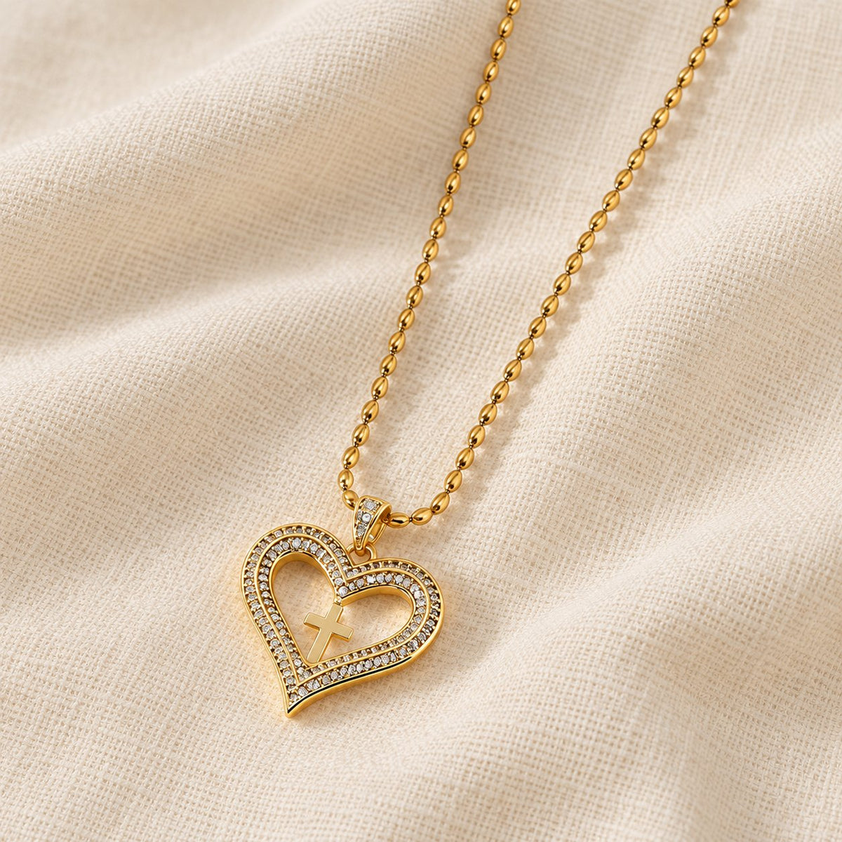 Golden Heart & Cross Sparkle Pendant Necklace
