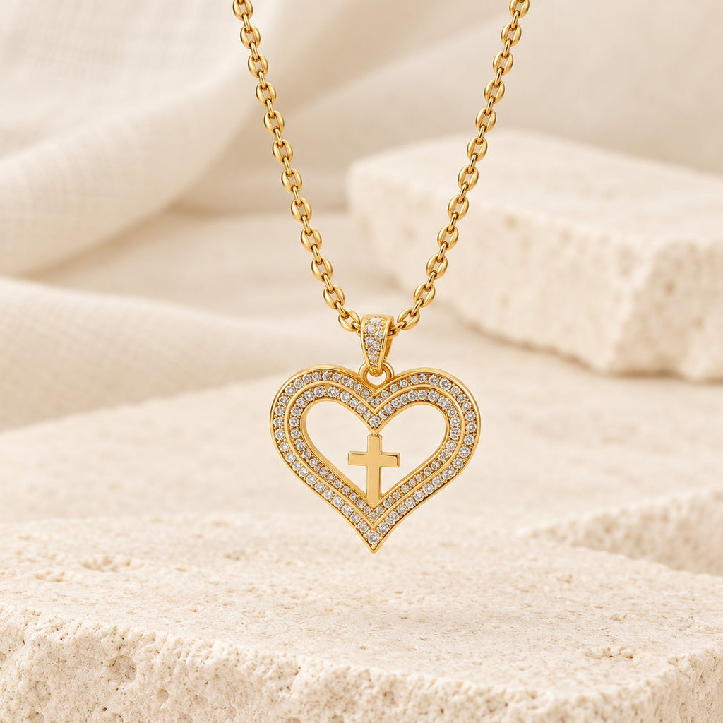 Golden Heart & Cross Sparkle Pendant Necklace