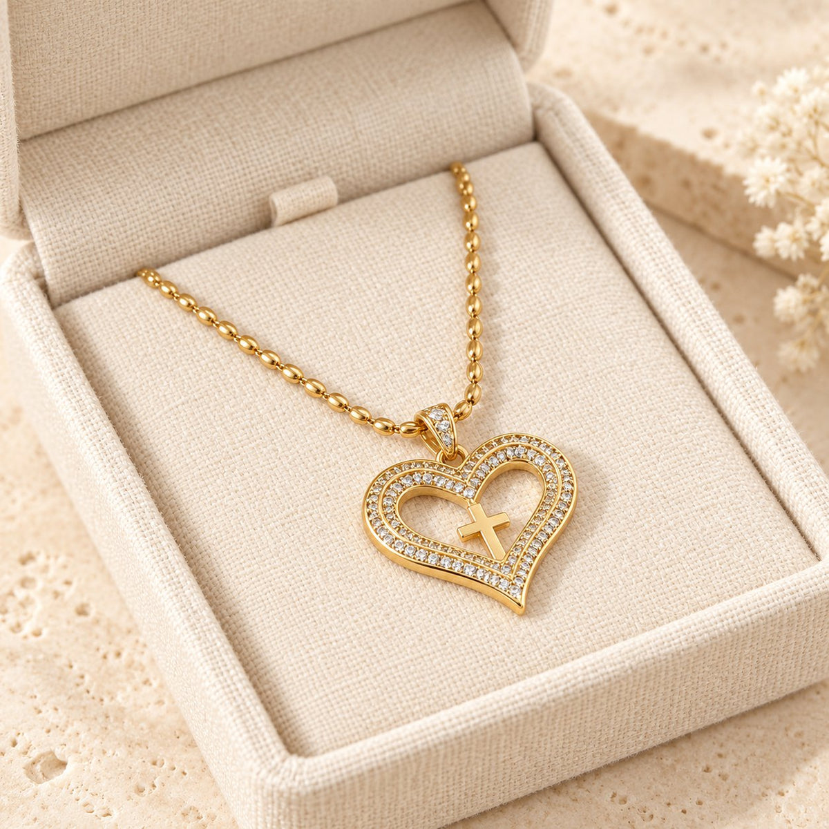 Golden Heart & Cross Sparkle Pendant Necklace