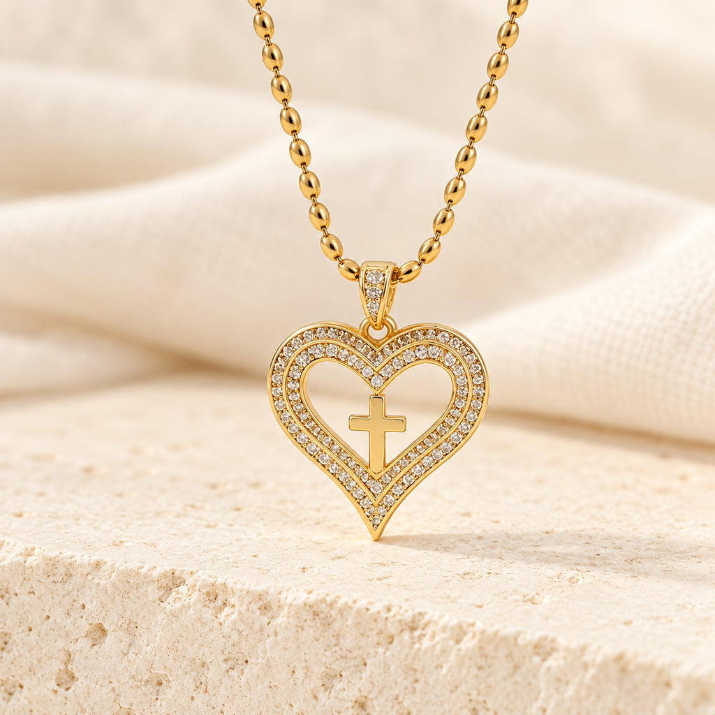Golden Heart & Cross Sparkle Pendant Necklace