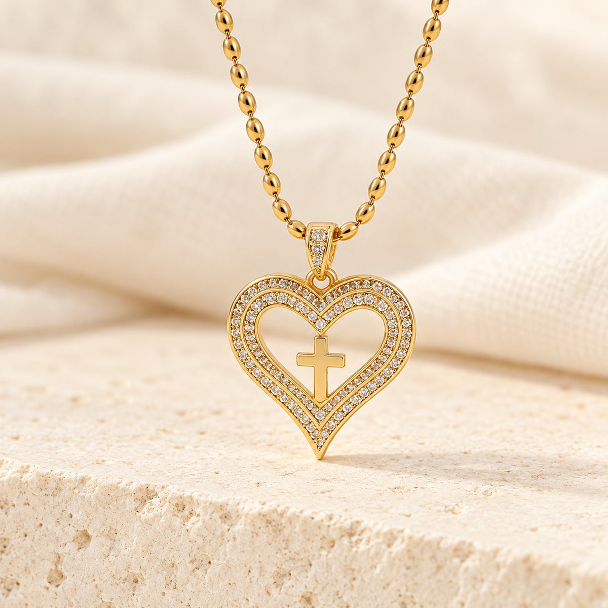 Golden Heart & Cross Sparkle Pendant Necklace