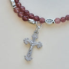 Pulsera de Cuarzo Fresa con Crucifijo y Dije Ichthys