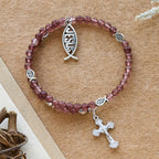 Pulsera de Cuarzo Fresa con Crucifijo y Dije Ichthys