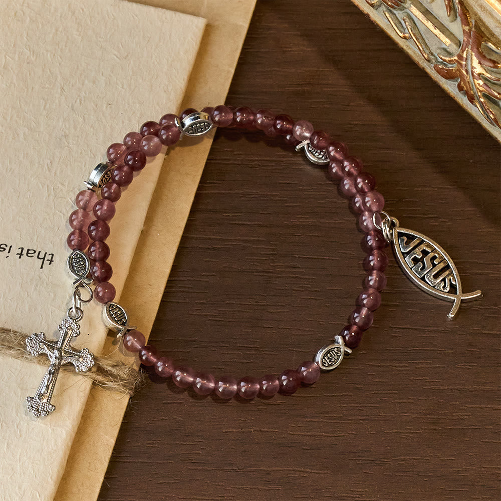 Pulsera de Cuarzo Fresa con Crucifijo y Dije Ichthys