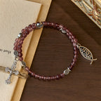 Pulsera de Cuarzo Fresa con Crucifijo y Dije Ichthys