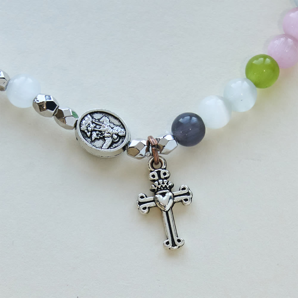 Pulsera Multicolor de Ojo de Gato (Collar para Niños) con Medallas "Amo a Jesús" y Arcángel