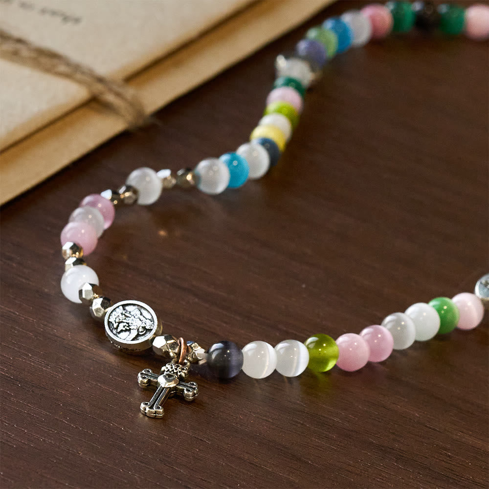Pulsera Multicolor de Ojo de Gato (Collar para Niños) con Medallas "Amo a Jesús" y Arcángel