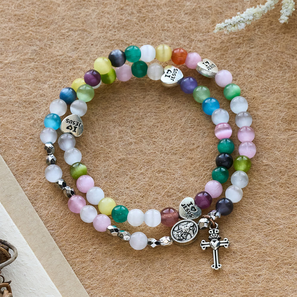 Pulsera Multicolor de Ojo de Gato (Collar para Niños) con Medallas "Amo a Jesús" y Arcángel