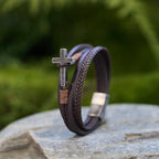 Pulsera de Moda Tricolor de Acero Inoxidable con Cruz y Cuero Trenzado