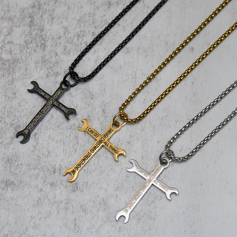Collar Tricolor Minimalista de Cruz Llave con Versículo de Fe y Fuerza