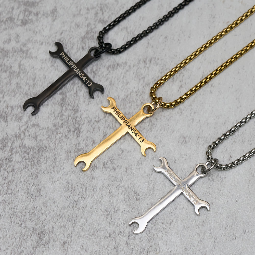 Collar Tricolor Minimalista de Cruz Llave con Versículo de Fe y Fuerza