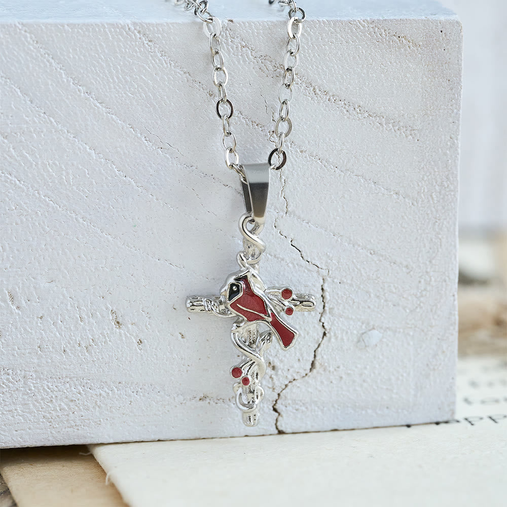 Collar Artesanal de Cardenal con Dije de Cruz y Pájaro Rojo