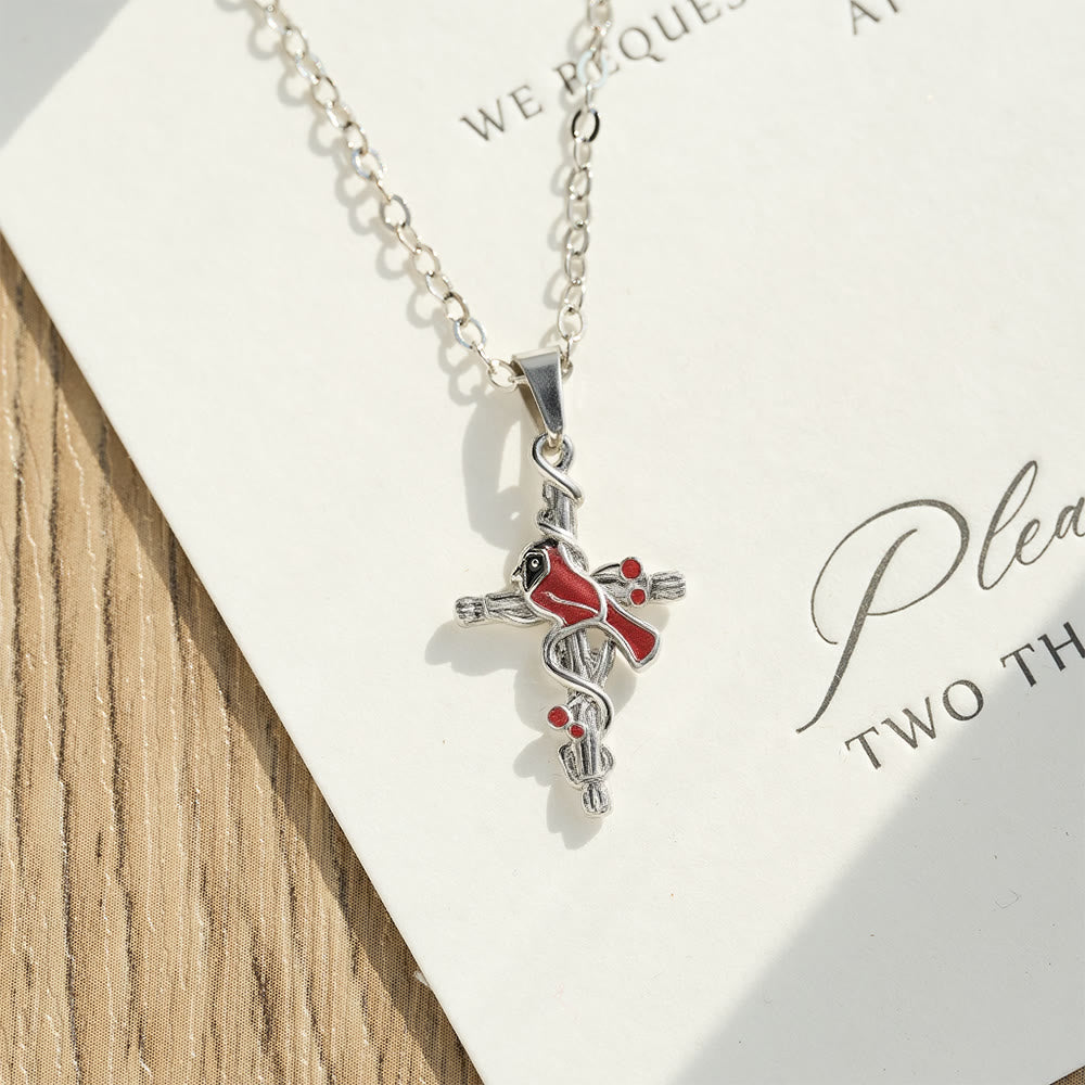 Collar Artesanal de Cardenal con Dije de Cruz y Pájaro Rojo