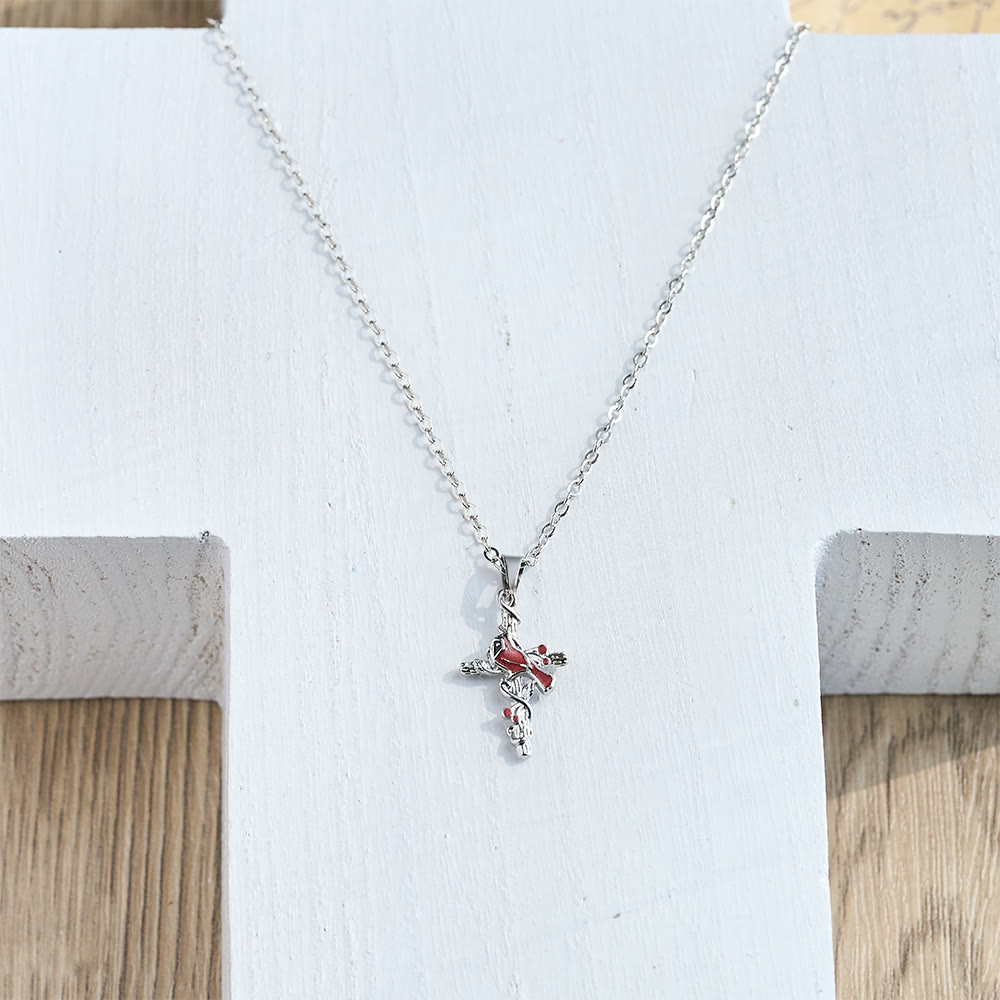 Collar Artesanal de Cardenal con Dije de Cruz y Pájaro Rojo