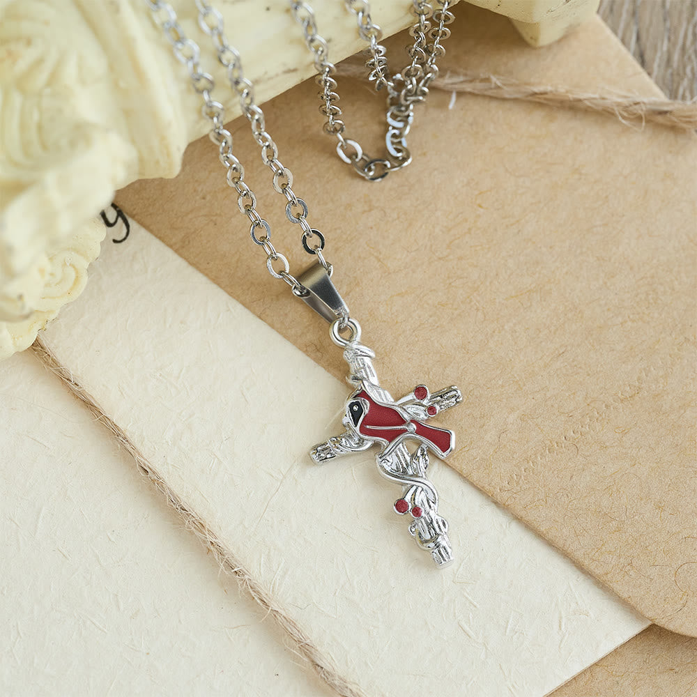 Collar Artesanal de Cardenal con Dije de Cruz y Pájaro Rojo