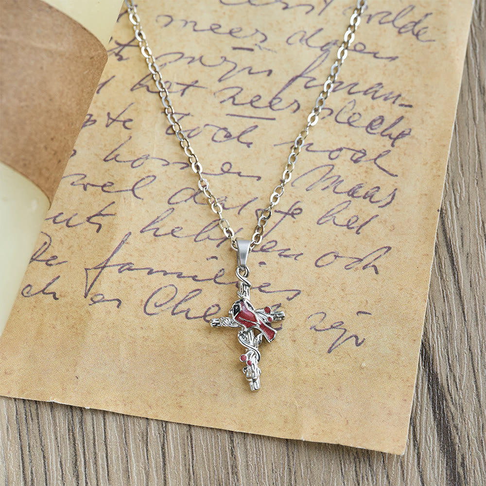 Collar Artesanal de Cardenal con Dije de Cruz y Pájaro Rojo