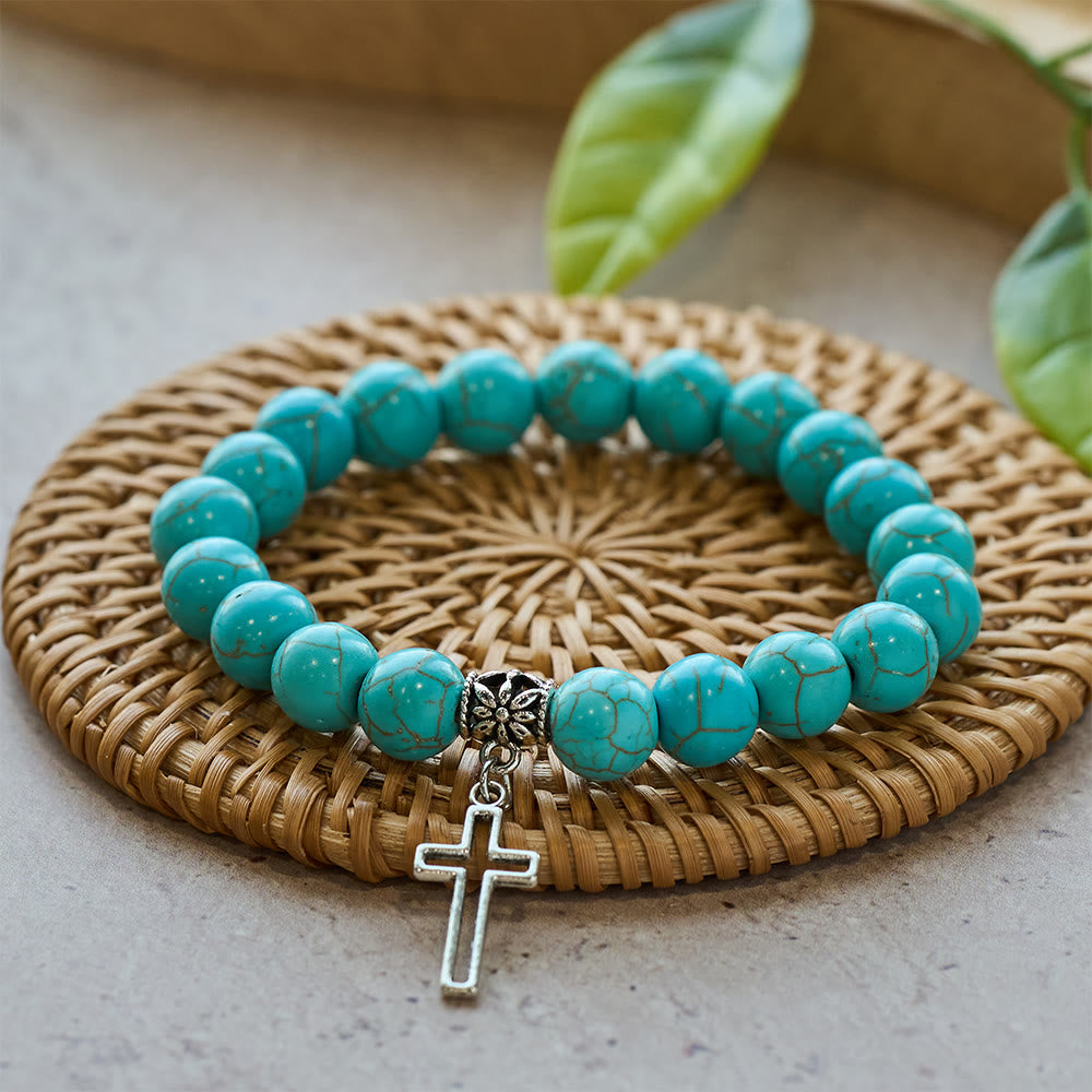 Pulsera Cristiana de Cruz con Cuentas de Turquesa de 10 mm