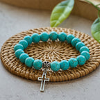 Pulsera Cristiana de Cruz con Cuentas de Turquesa de 10 mm