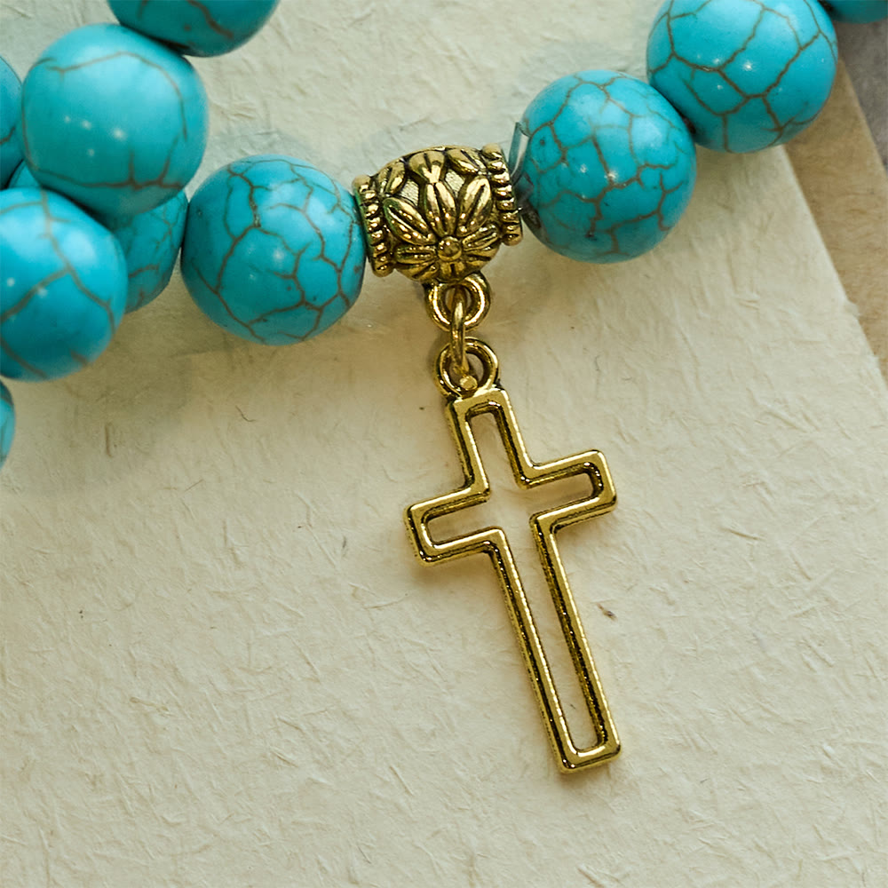 Pulsera Cristiana de Cruz con Cuentas de Turquesa de 10 mm