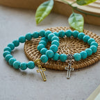 Pulsera Cristiana de Cruz con Cuentas de Turquesa de 10 mm