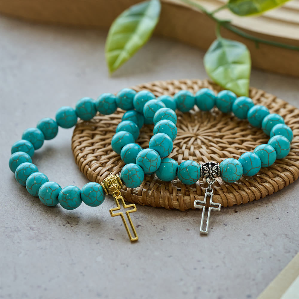 Pulsera Cristiana de Cruz con Cuentas de Turquesa de 10 mm