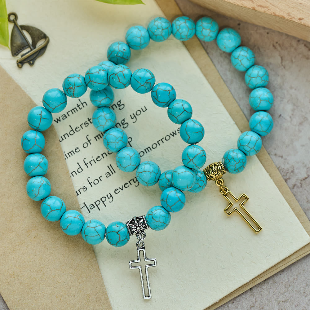 Pulsera Cristiana de Cruz con Cuentas de Turquesa de 10 mm