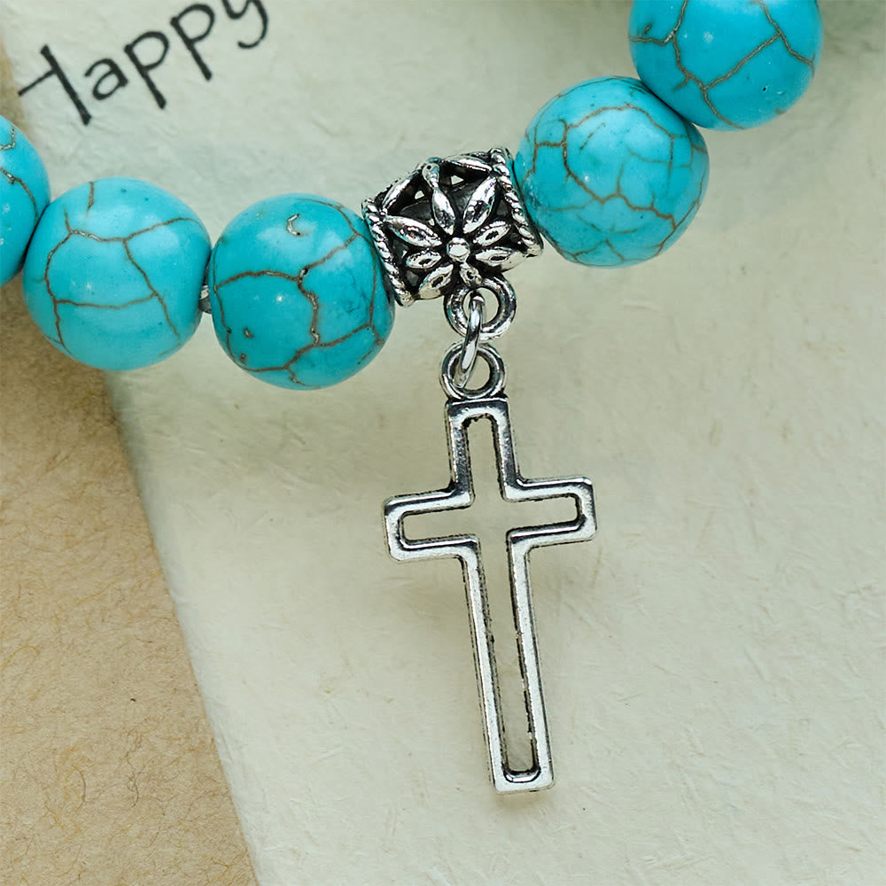 Pulsera Cristiana de Cruz con Cuentas de Turquesa de 10 mm