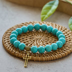 Pulsera Cristiana de Cruz con Cuentas de Turquesa de 10 mm