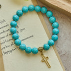 Pulsera Cristiana de Cruz con Cuentas de Turquesa de 10 mm