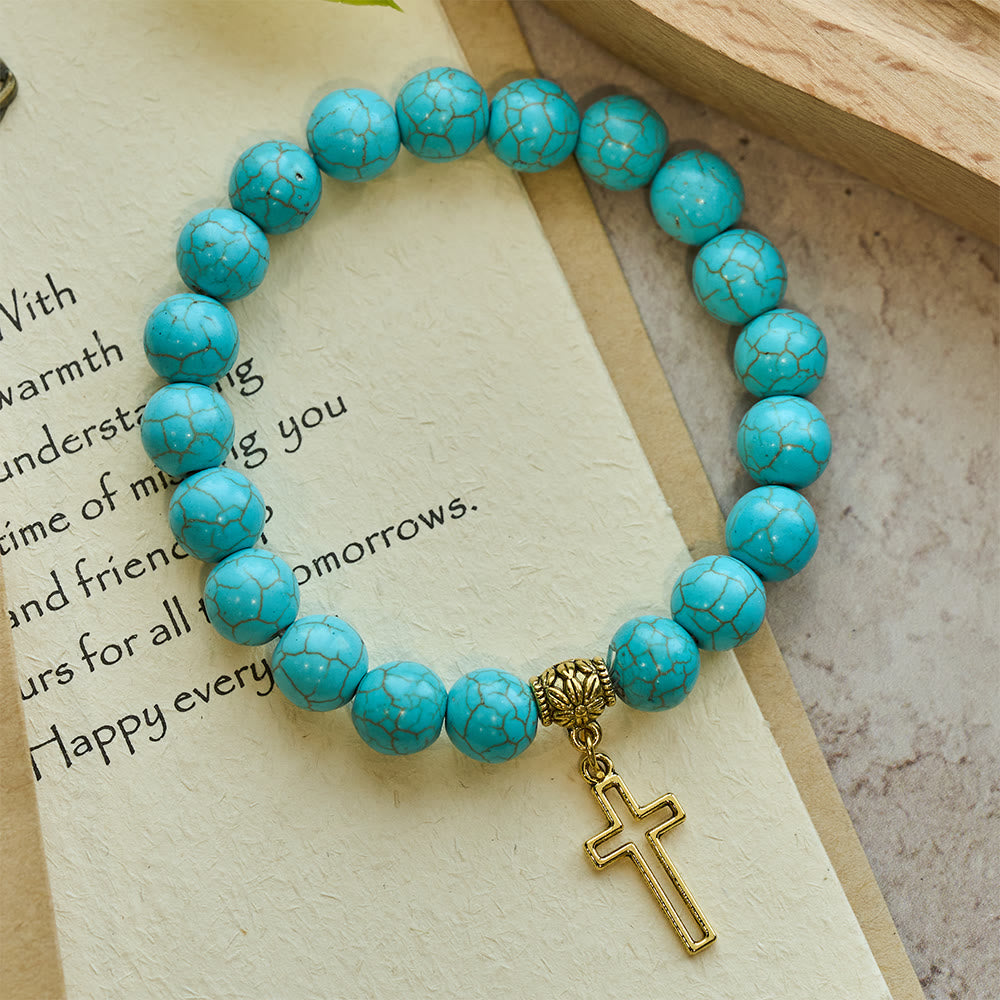 Pulsera Cristiana de Cruz con Cuentas de Turquesa de 10 mm