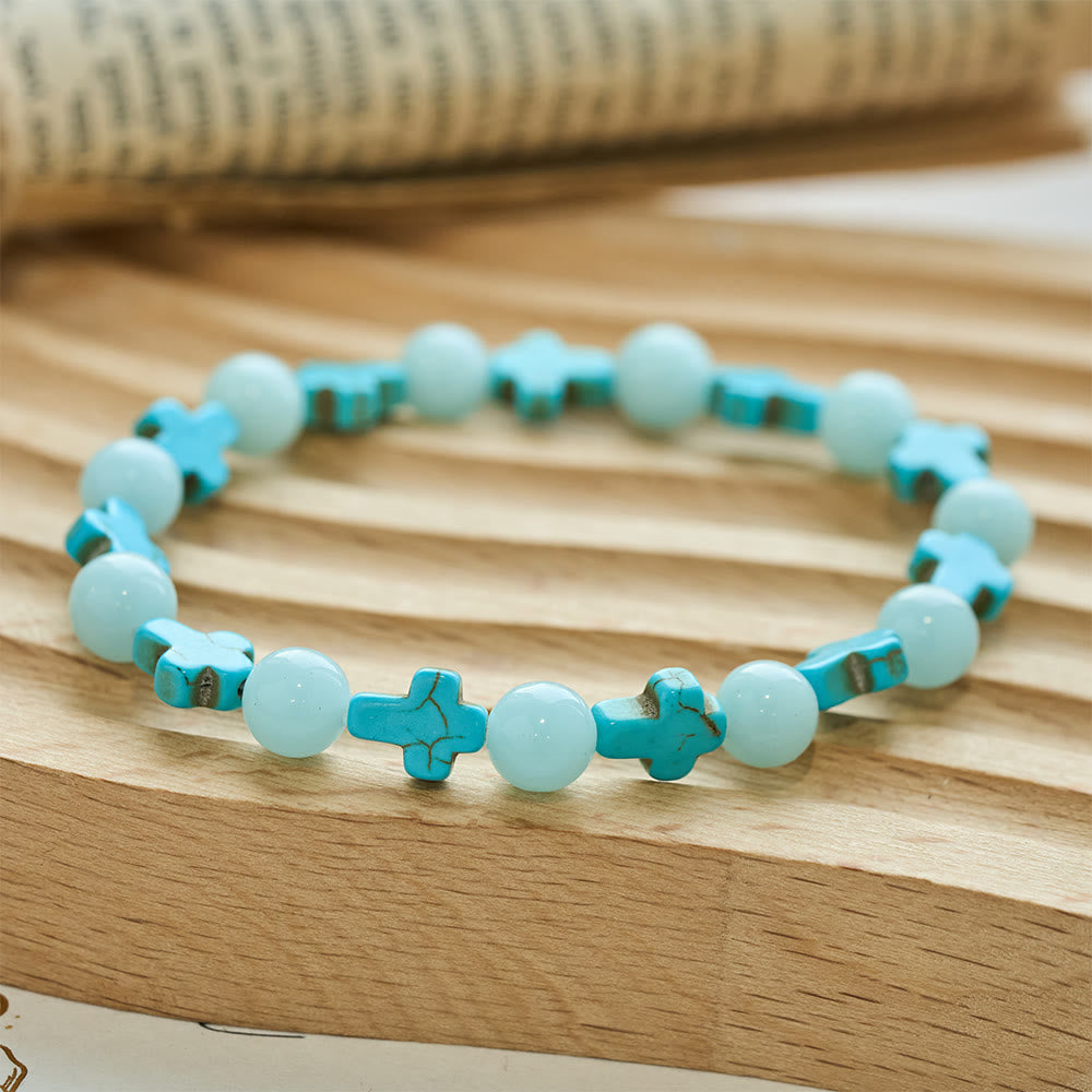 Pulsera de Cruz de Turquesa con Perlas Luminosas