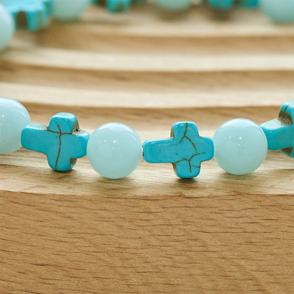 Pulsera de Cruz de Turquesa con Perlas Luminosas