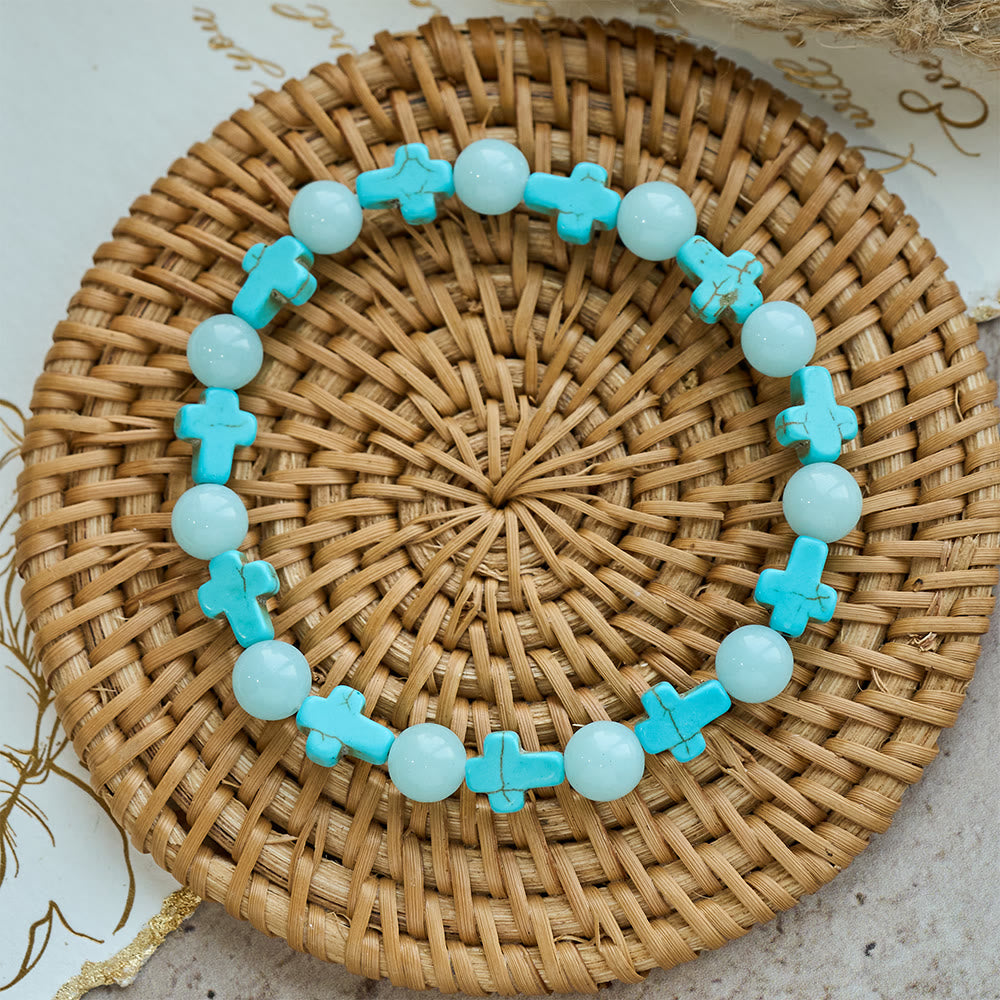 Pulsera de Cruz de Turquesa con Perlas Luminosas