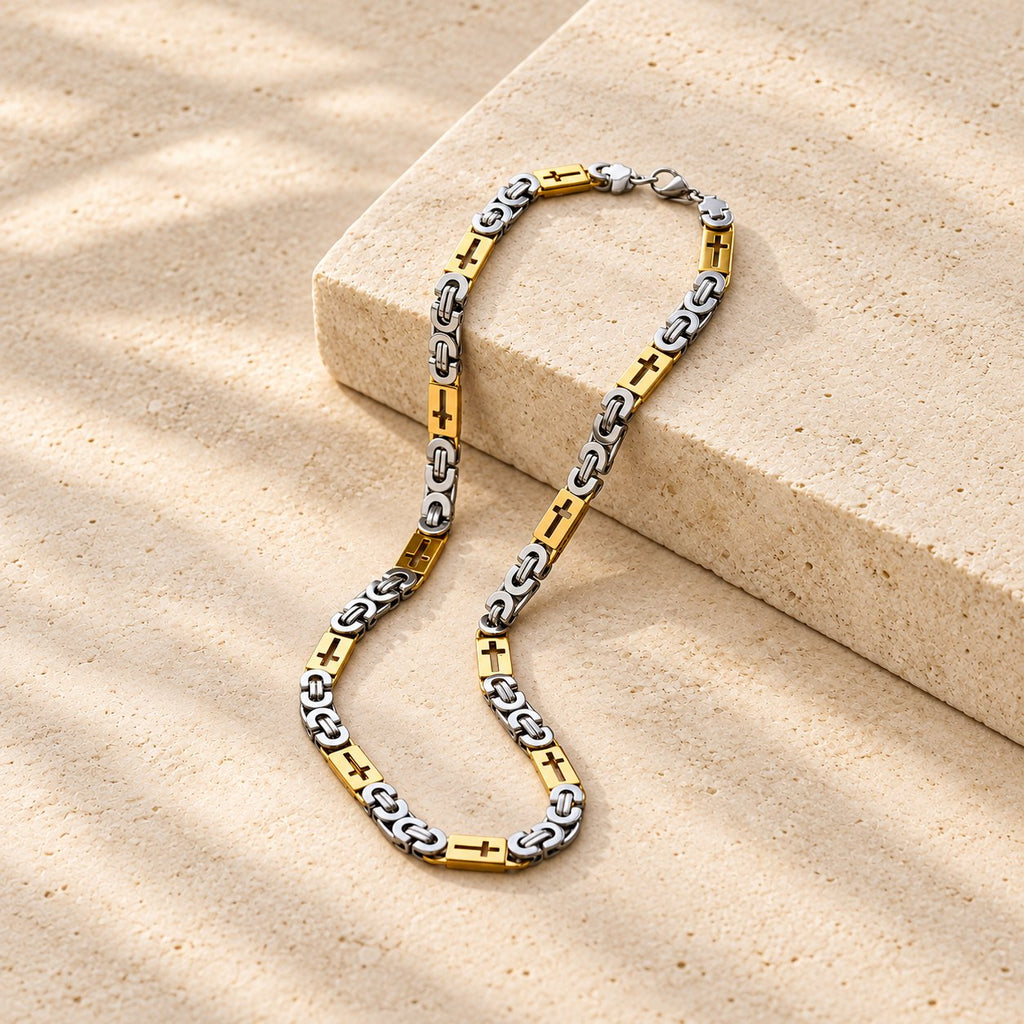 Tri-Color Cross-Embedded Chain Necklace & Bracelet