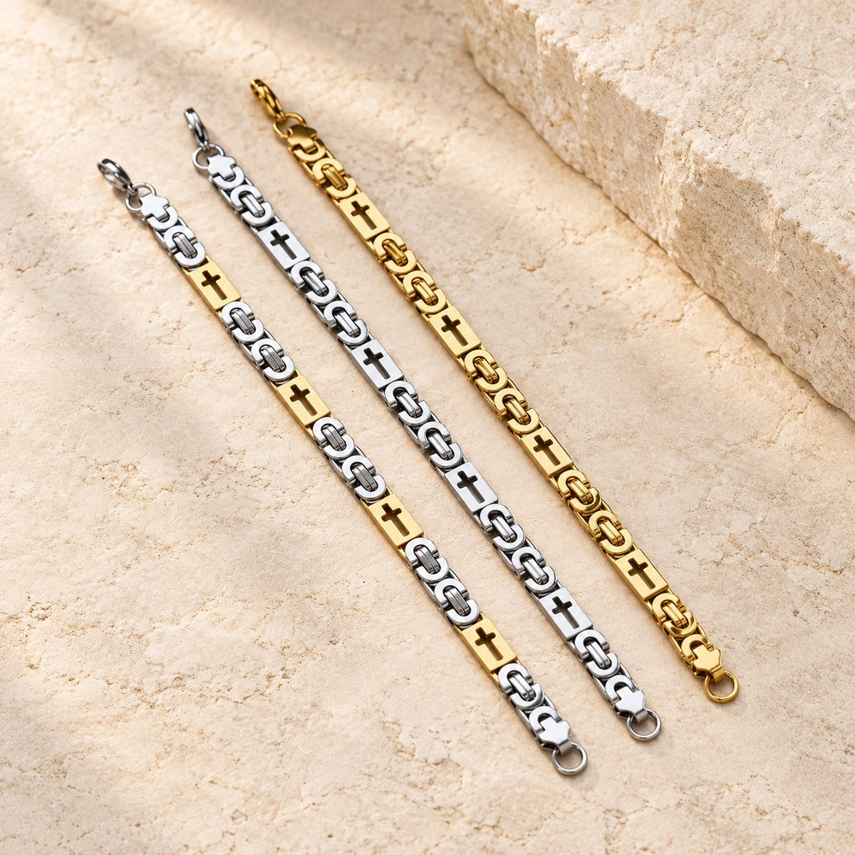 Tri-Color Cross-Embedded Chain Necklace & Bracelet