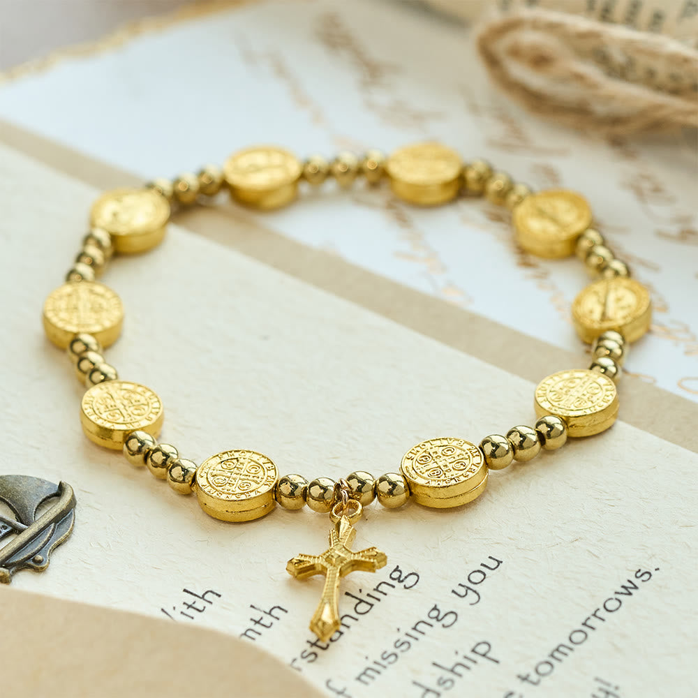 Pulsera Elástica de Cruz de San Benito Tono Oro