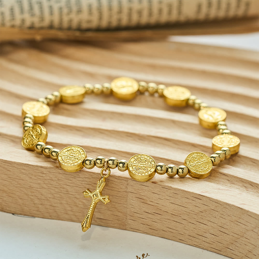 Pulsera Elástica de Cruz de San Benito Tono Oro