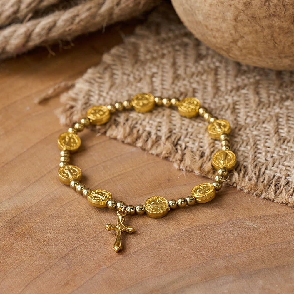 Pulsera Elástica de Cruz de San Benito Tono Oro