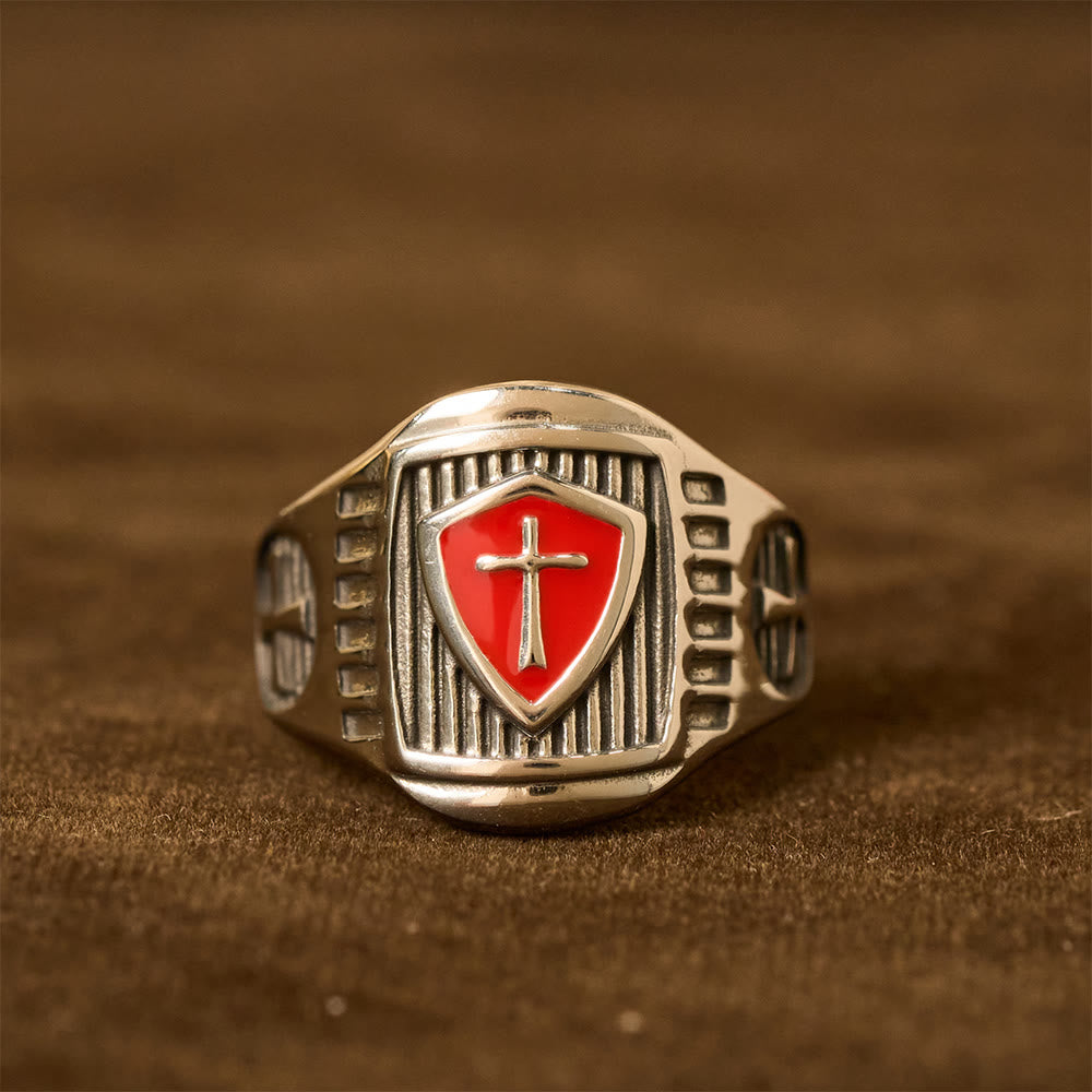 Anillo Escudo Templario con Cruz - Emblema Sagrado de Valor y Fe