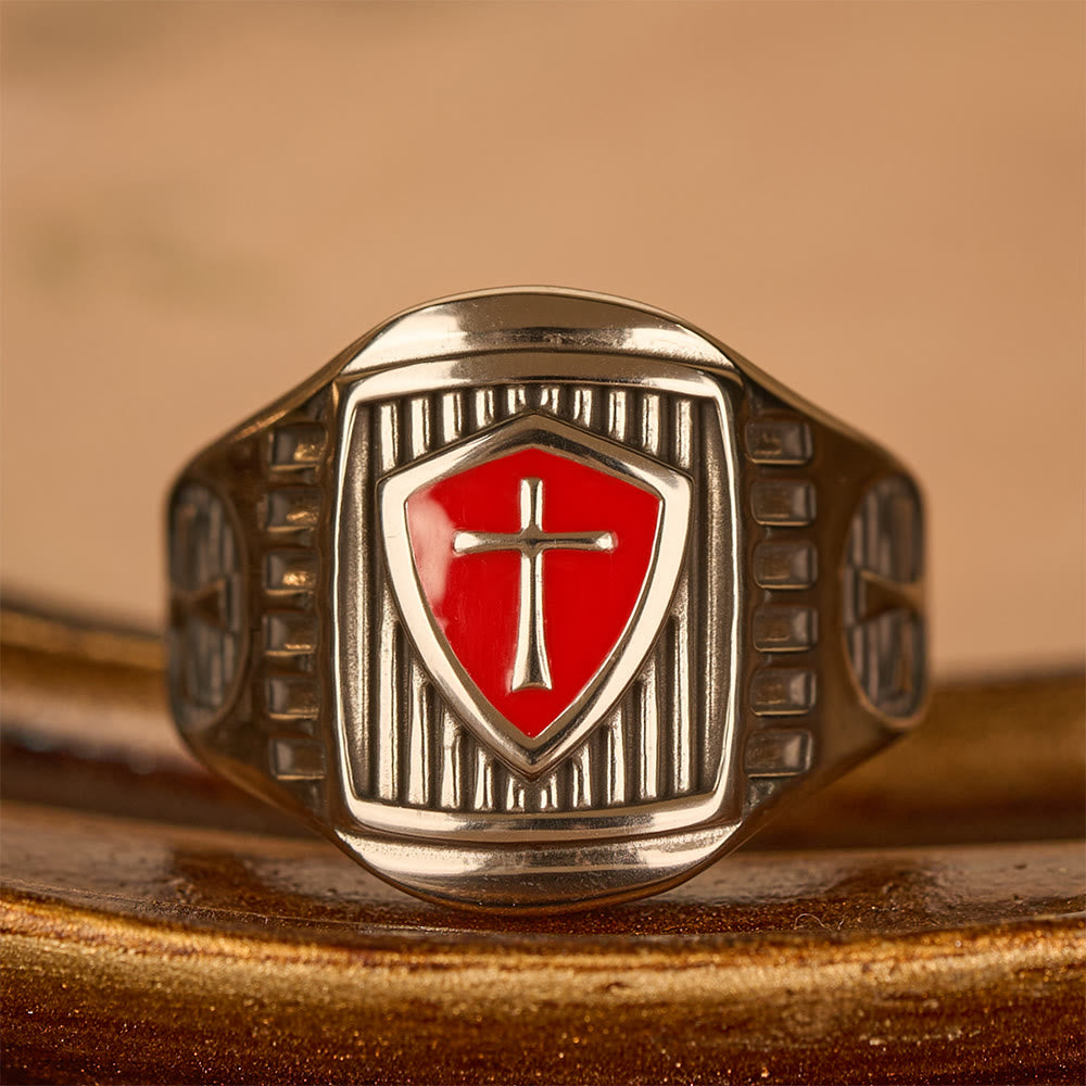 Anillo Escudo Templario con Cruz - Emblema Sagrado de Valor y Fe